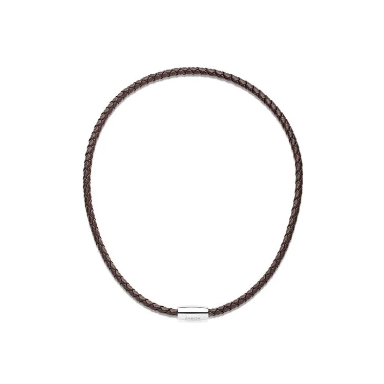 Jonc en cuir tressé marron, fermoir acier